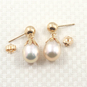 14K Yellow Gold White Pearl Dangle Earrings with Claws