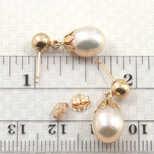 14K Yellow Gold White Pearl Dangle Earrings with Claws