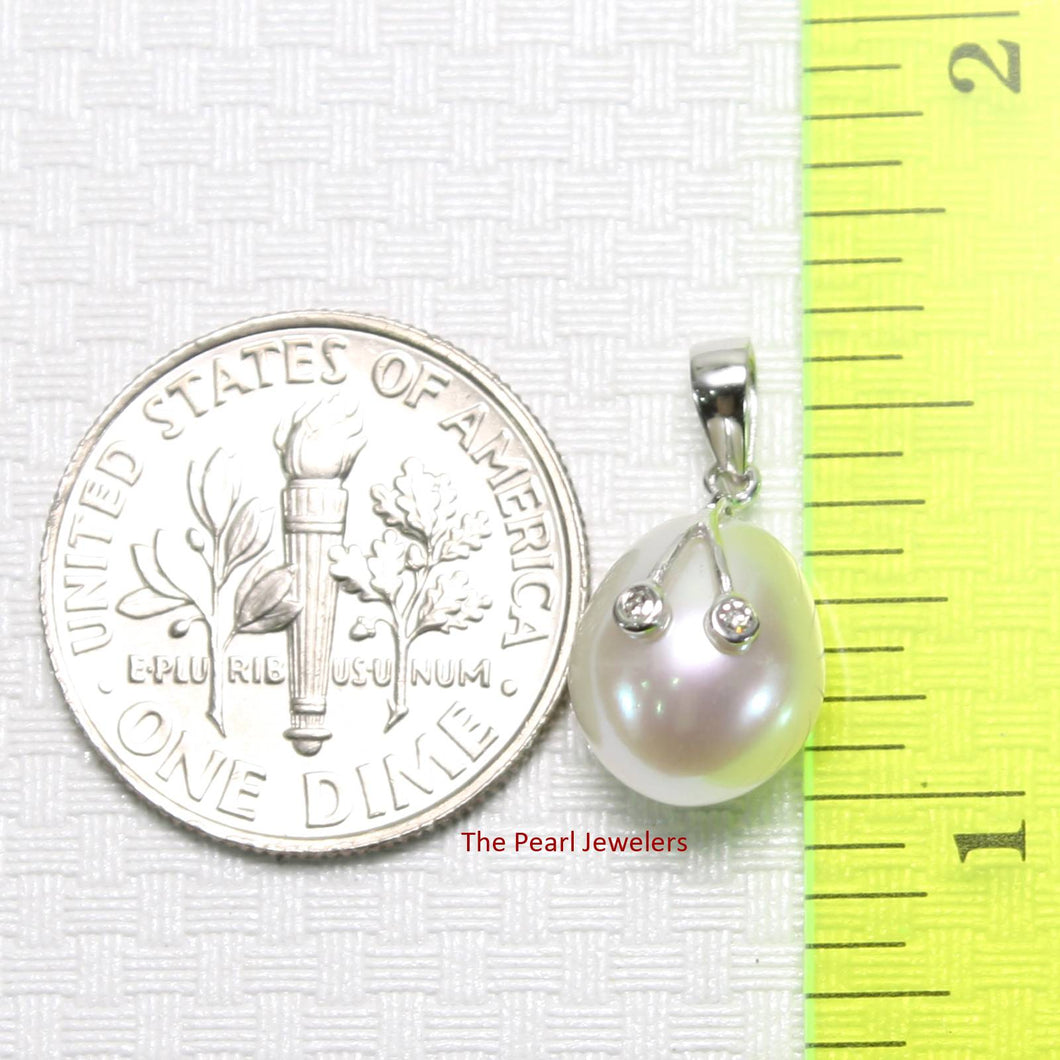 White Pearl Pendant with Diamond Eyes – 14k White Gold