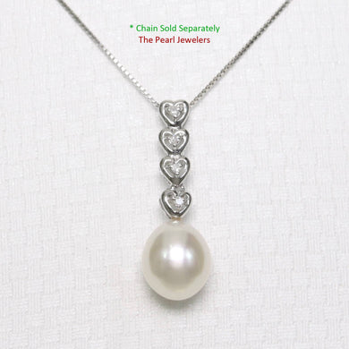 White Pearl Diamond Hearts Pendant – 14k White Gold 8–8.5mm Drop
