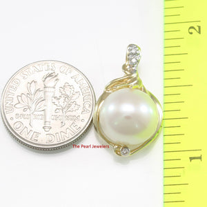 White Pearl Pendant – 14k Yellow Gold with Diamond Trio