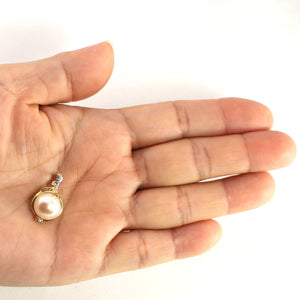 White Pearl Pendant – 14k Yellow Gold with Diamond Trio