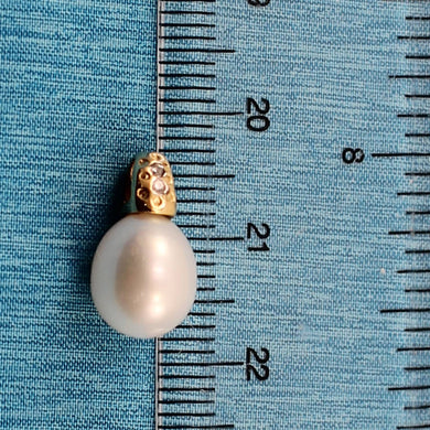 White Pearl Pendant – 14k Yellow Gold Dimpled Bail + Diamonds