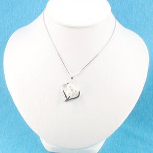 White Pearl Heart Pendant with Diamond – 14k White Gold