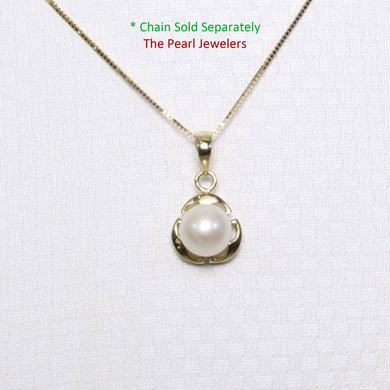 White Pearl Pendant – 14k Yellow Gold Circle Leaf Design