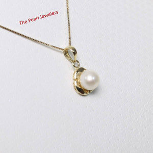 White Pearl Pendant – 14k Yellow Gold Circle Leaf Design