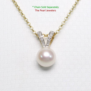 White Pearl Pendant with 6 Diamonds – 14k Yellow Gold Rabbit-Ear Bail