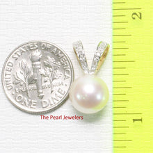 Load image into Gallery viewer, White Pearl Pendant with 6 Diamonds – 14k Yellow Gold Rabbit-Ear Bail