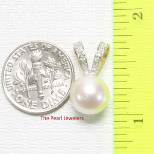 White Pearl Pendant with 6 Diamonds – 14k Yellow Gold Rabbit-Ear Bail