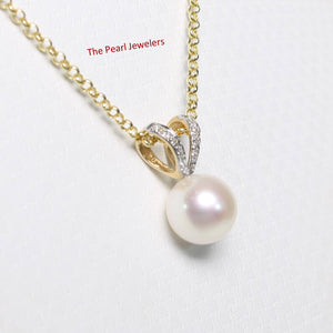 White Pearl Pendant with 6 Diamonds – 14k Yellow Gold Rabbit-Ear Bail