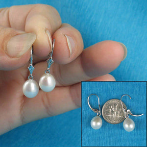 14k White Gold Raindrop White Pearl Lever Back Dangle Earrings
