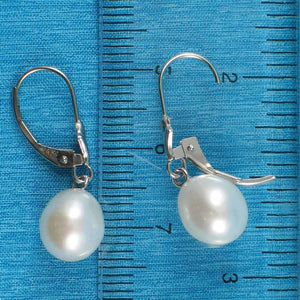 14k White Gold Raindrop White Pearl Lever Back Dangle Earrings