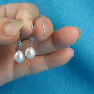 14k White Gold Raindrop White Pearl Lever Back Dangle Earrings