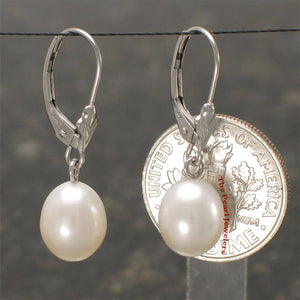 14k White Gold Raindrop White Pearl Lever Back Dangle Earrings