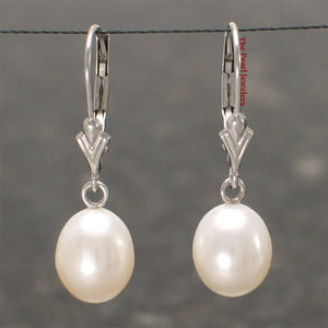 14k White Gold Raindrop White Pearl Lever Back Dangle Earrings