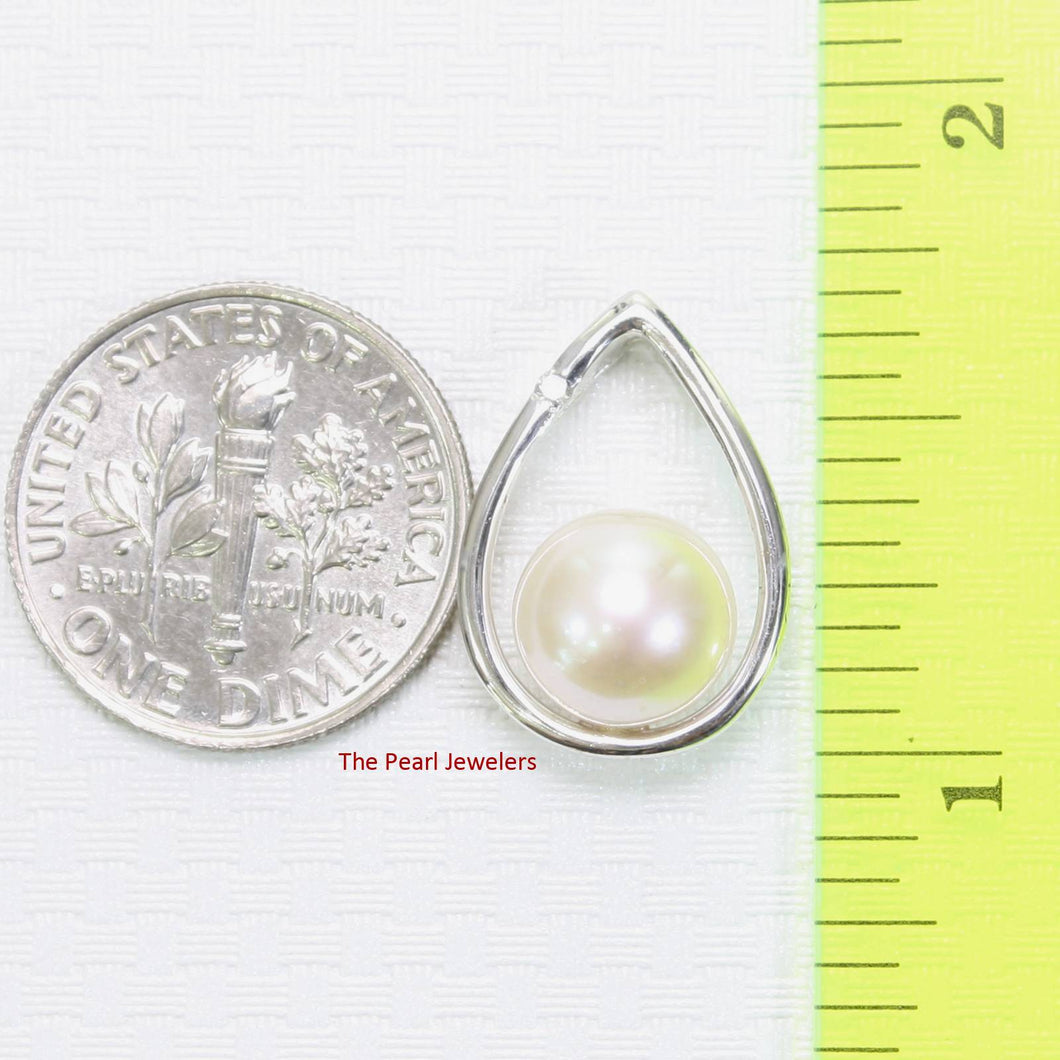 White Pearl Raindrop Pendant with Diamond – 14k White Gold