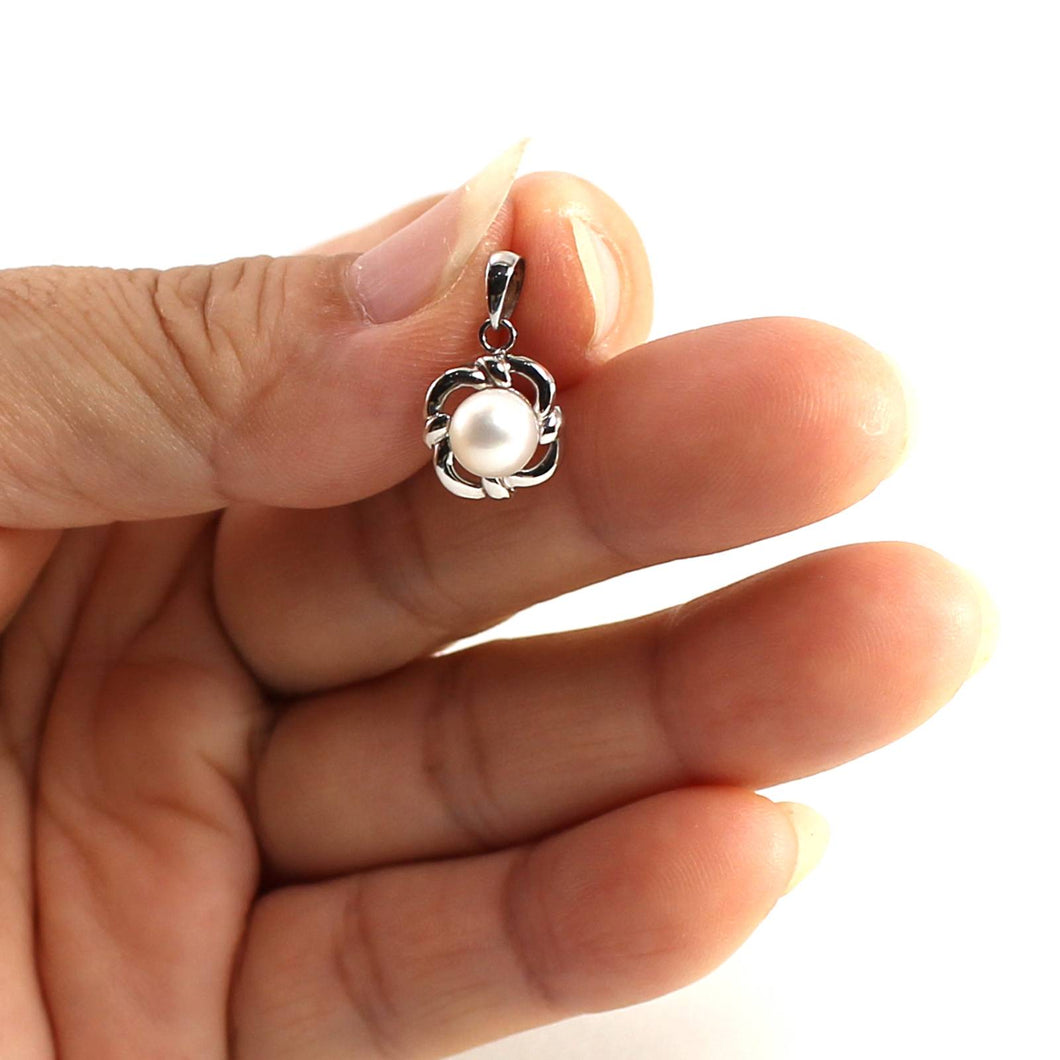 White Pearl Wave Square Pendant – 14k White Gold