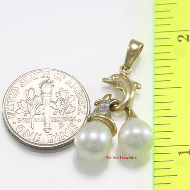 Dolphin Pearl Pendant – White Pearls with Diamond in 14k Yellow Gold