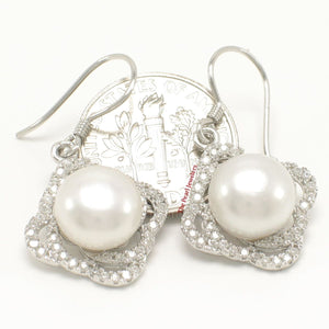 Sterling Silver White Pearl CZ Hook Earrings (42 CZ, Large Size)