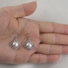 Load image into Gallery viewer, Sterling Silver White Pearl CZ Hook Earrings (42 CZ, Large Size)