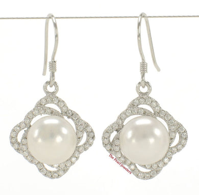 Sterling Silver White Pearl CZ Hook Earrings (42 CZ, Large Size)