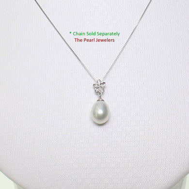 White Pearl Plumeria Pendant – 14k White Gold Raindrop Design