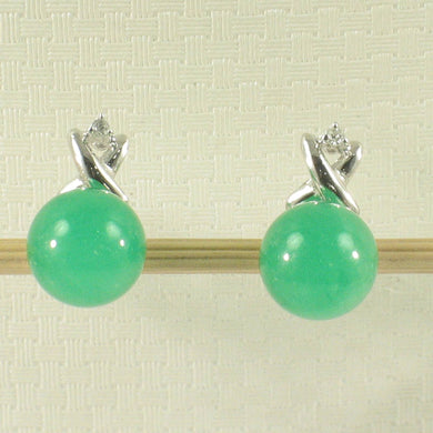 14K White Gold X-Design Diamond & Green Jade Stud Earrings