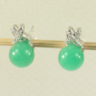 14K White Gold X-Design Diamond & Green Jade Stud Earrings