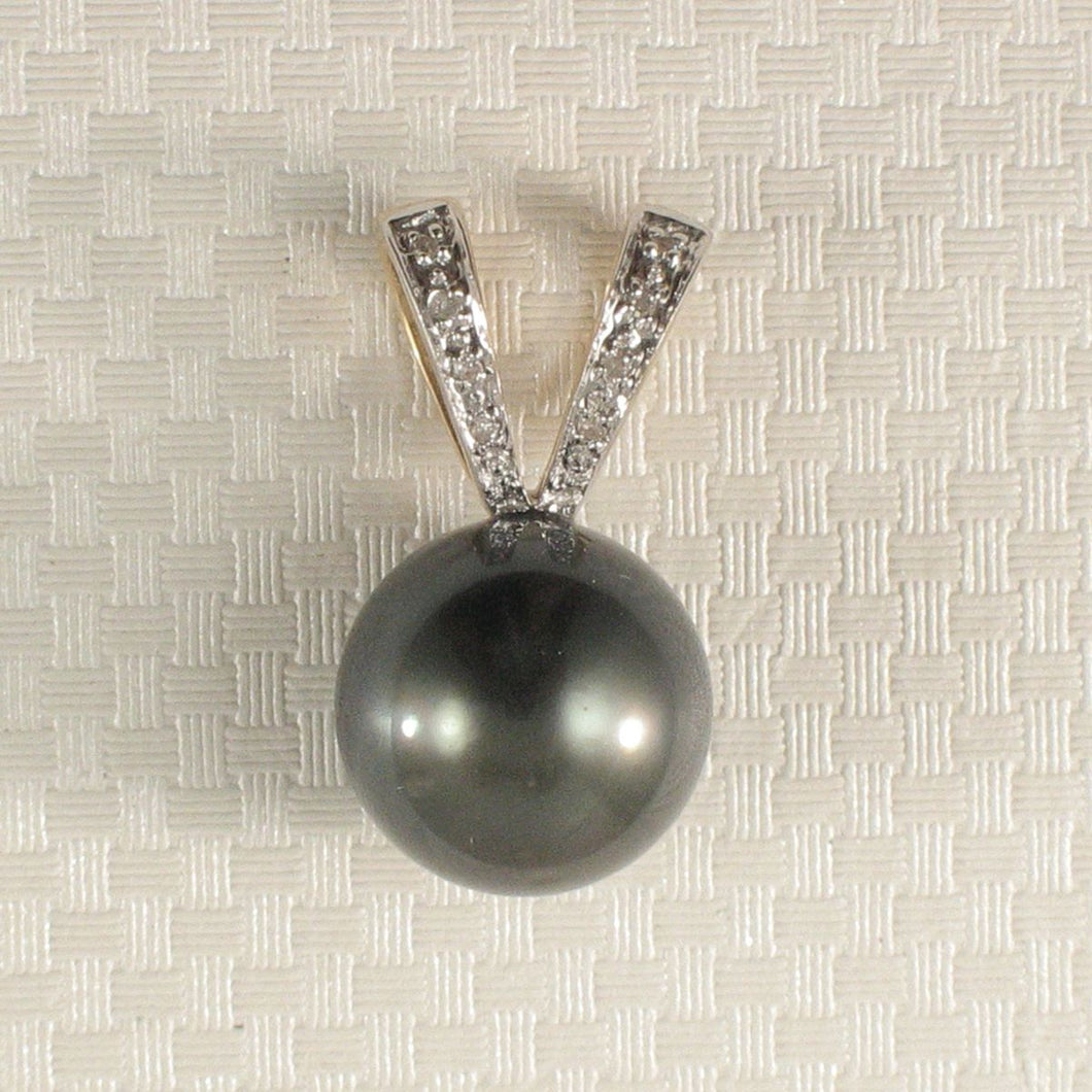 14k Solid Yellow Gold Rabbit-Ear & Diamond Black Tahitian Pearl Pendant