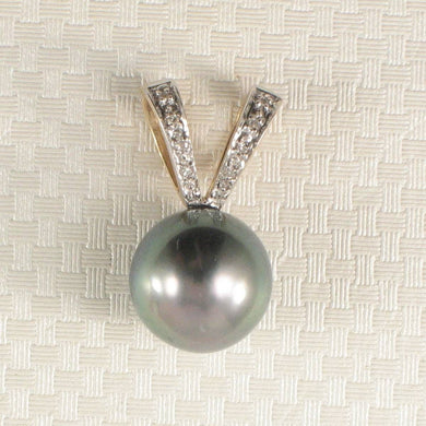 14k Solid Yellow Gold Rabbit-Ear & Diamond Black Tahitian Pearl Pendant