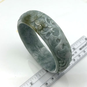 A Grade Pale Green Jadeite Hand-Carved Dragon & Phoenix Bangle – 22mm Width