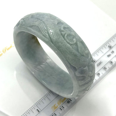 A Grade White-Green Jadeite Hand-Carved Dragon & Lepus Bangle – 23mm Width