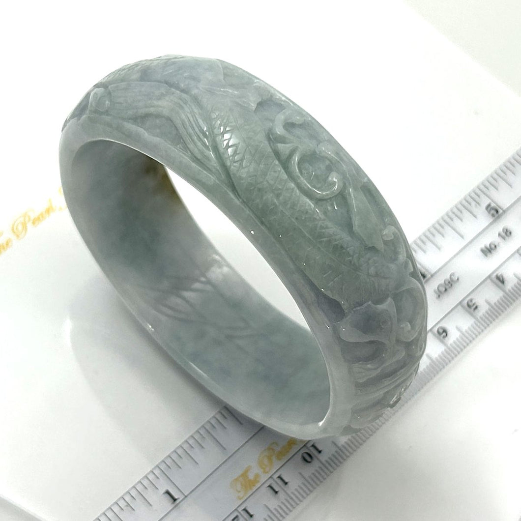 A Grade White-Green Jadeite Hand-Carved Dragon & Lepus Bangle – 23mm Width