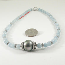 Load image into Gallery viewer, 5mm Aquamarine &amp; Gold-Plated Bali Beads Black Tahitian Pearl Necklace