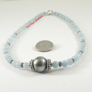 5mm Aquamarine & Gold-Plated Bali Beads Black Tahitian Pearl Necklace