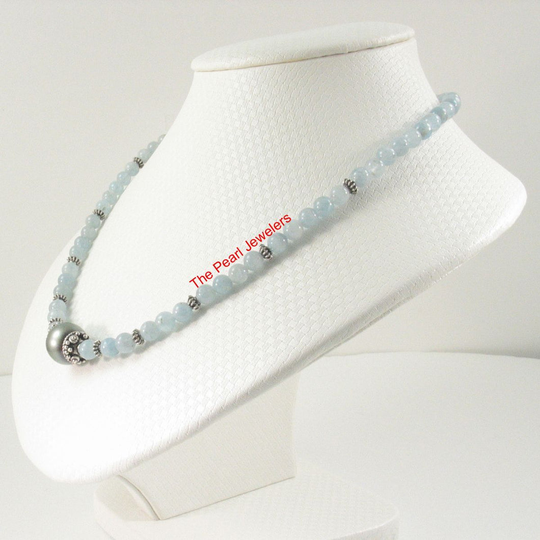 5mm Aquamarine & Gold-Plated Bali Beads Black Tahitian Pearl Necklace