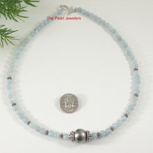 Load image into Gallery viewer, 5mm Aquamarine &amp; Gold-Plated Bali Beads Black Tahitian Pearl Necklace