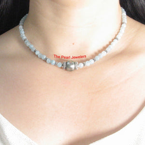 5mm Aquamarine & Gold-Plated Bali Beads Black Tahitian Pearl Necklace