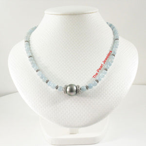 5mm Aquamarine & Gold-Plated Bali Beads Black Tahitian Pearl Necklace