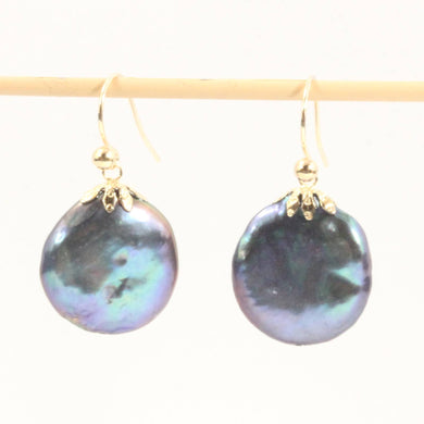 Baroque Coin Pearl Dangle Earrings – Black Blue Tone