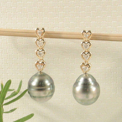 Black Gray Baroque Tahitian Pearl & Diamond Heart Dangle Earrings – 14k Yellow Gold