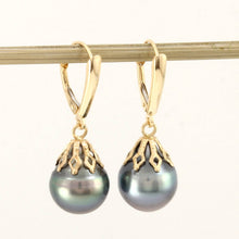 Load image into Gallery viewer, Baroque Black Gray Tahitian Pearl Shield Lever Dangle Earrings – 14k Yellow Gold