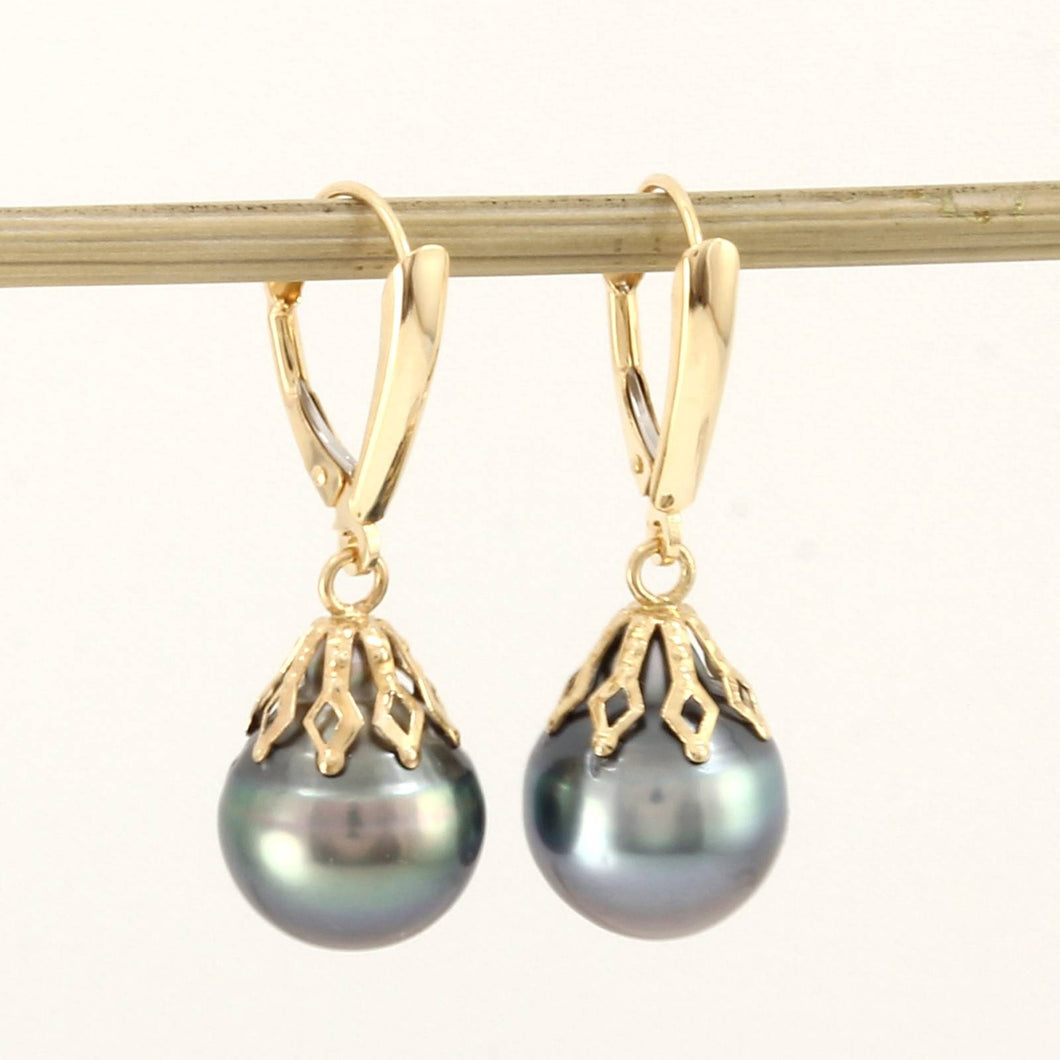 Baroque Black Gray Tahitian Pearl Shield Lever Dangle Earrings – 14k Yellow Gold
