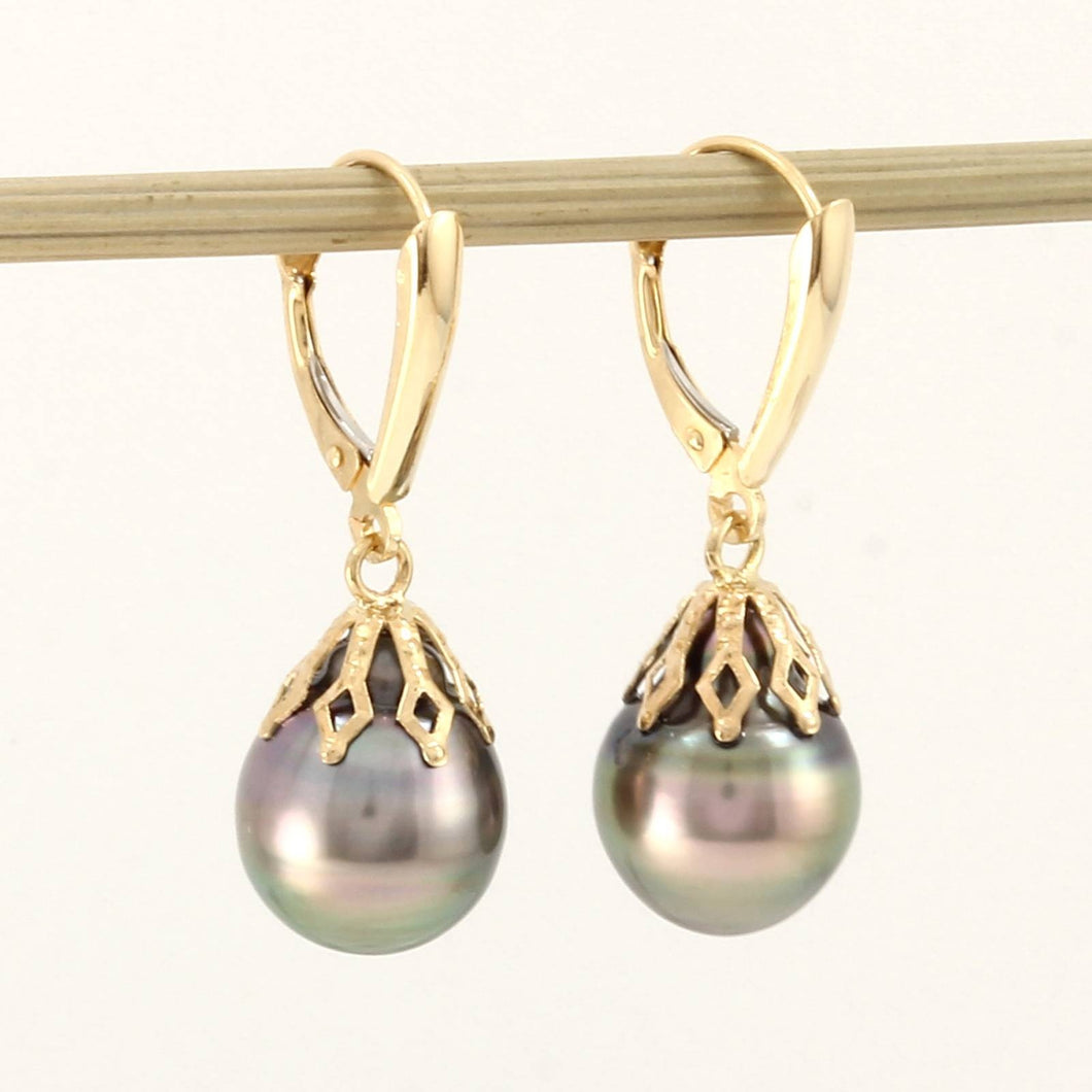 Baroque Black Tahitian Pearl Shield Lever Dangle Earrings – 14k Yellow Gold