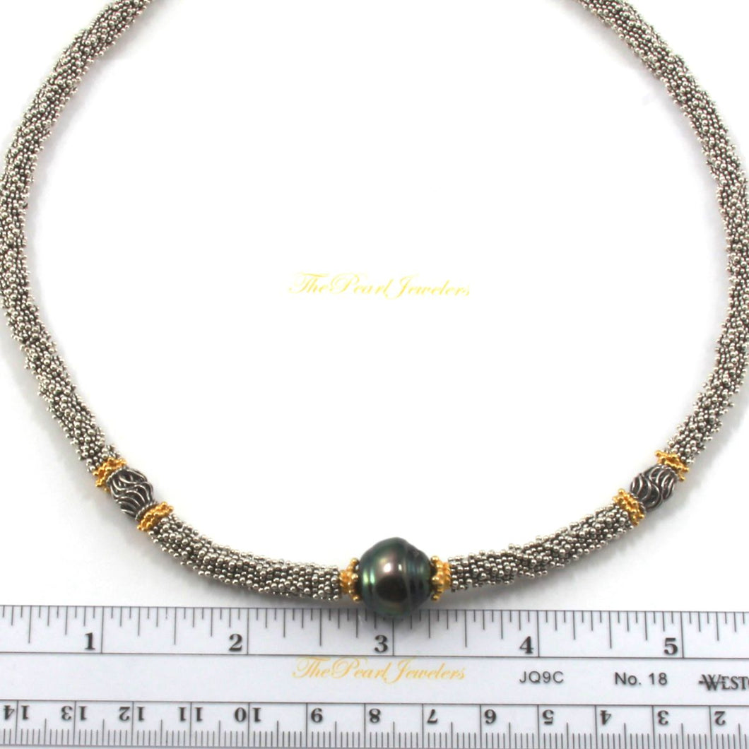 Beautiful Black Tahitian Pearl & Silver 925 Bali Beads Necklace