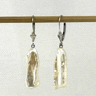 Biwa Pearl Leverback Dangle Earrings – White Gold