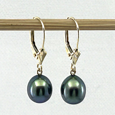 14k Yellow Gold Raindrop Black Pearl lever back Dangle Earrings