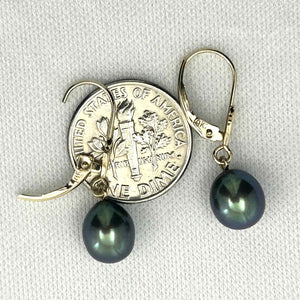 14k Yellow Gold Raindrop Black Pearl lever back Dangle Earrings