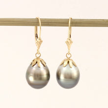 Load image into Gallery viewer, 14k Yellow Gold Leverback &amp; Flower Cap Black Baroque Tahitian Pearl Earrings