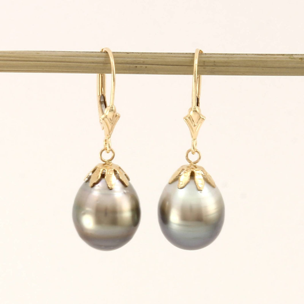 14k Yellow Gold Leverback & Flower Cap Black Baroque Tahitian Pearl Earrings